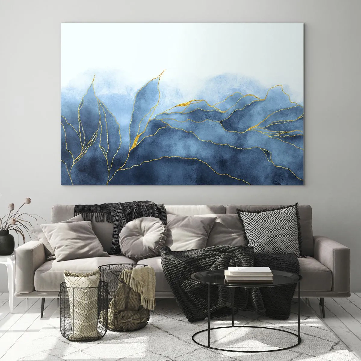 Glasbild - Bild auf glas - Abstrakte blaue Formen mit zarten goldenen Linien. - 70x50cm - Blau im Gold - Moderne Wanddekoration für Wohnzimmer und Schlafzimmer ARTTOR