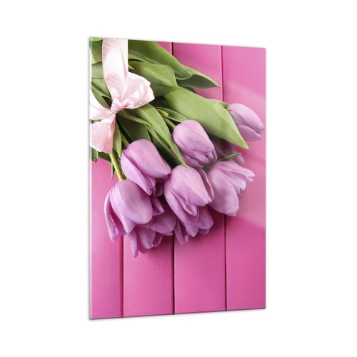 Glasbild - Bild auf glas - Ein Strauß rosa Tulpen auf einem hölzernen Hintergrund - 50x70cm - Nur für dich - Moderne Wanddekoration für Wohnzimmer und Schlafzimmer ARTTOR