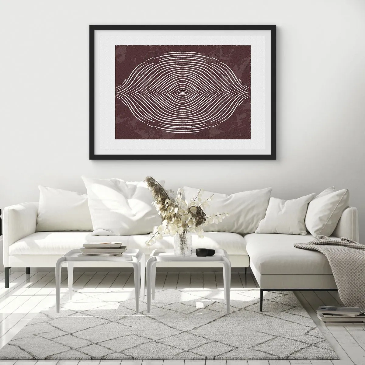 Poster in einem schwarzem Rahmen - Symmetrische Wellen in weißen Linien auf braunem Hintergrund - 70x50cm - Der Raum spricht - Moderne Wanddekoration für Wohnzimmer und Schlafzimmer ARTTOR