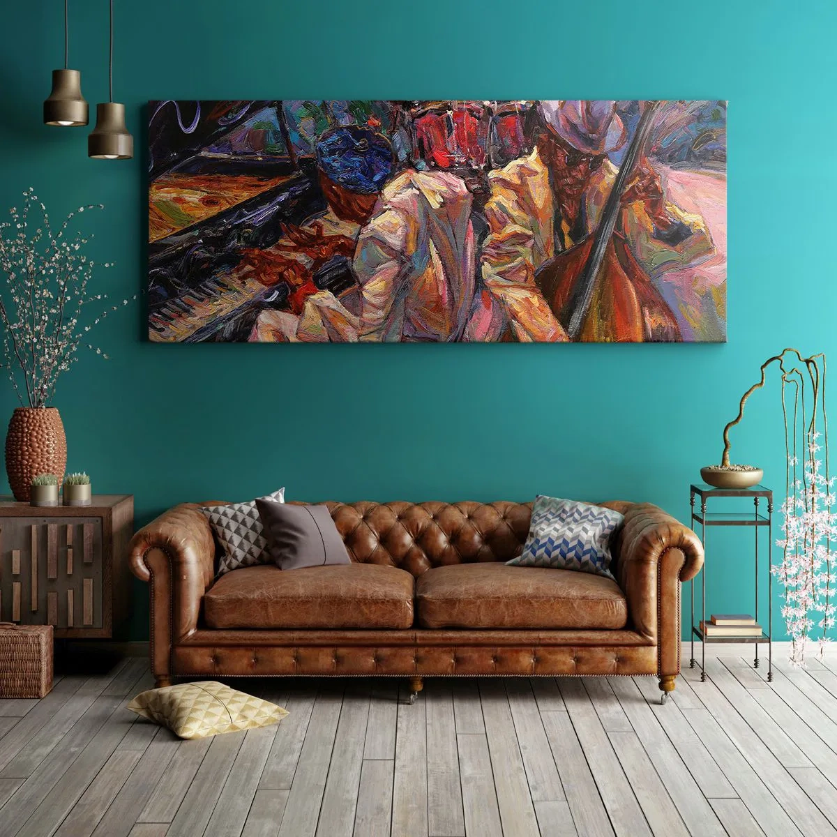 Bild auf Leinwand - Leinwandbild - Energetische Jazzszene mit Musikern und Instrumenten - 120x50cm - In einem Schlag - Moderne Wanddekoration für Wohnzimmer und Schlafzimmer ARTTOR