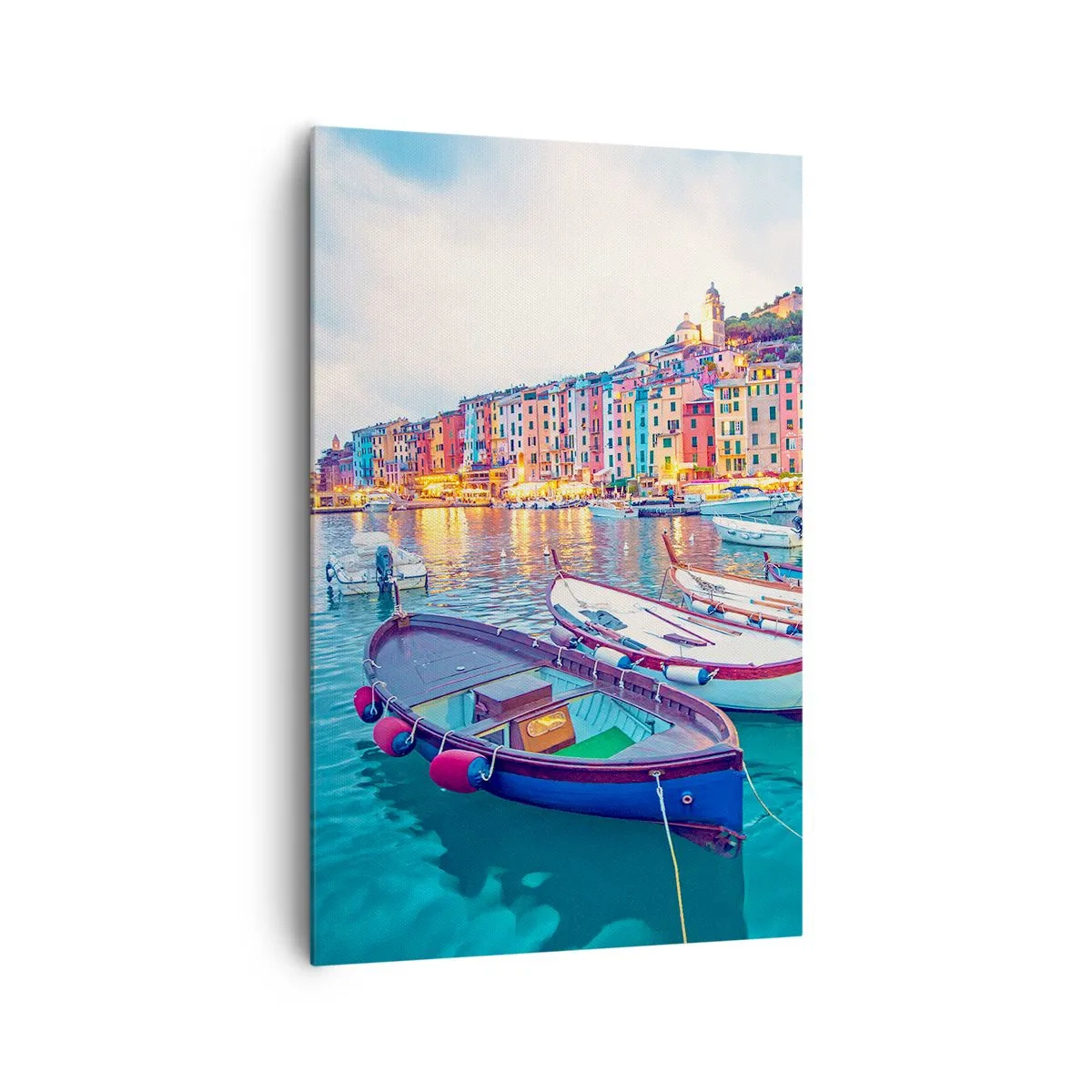 Bild auf Leinwand - Leinwandbild - Eine bunte Stadt am Wasser mit Booten im Hafen - 80x120cm - Bunter Abend im Hafen - Moderne Wanddekoration für Wohnzimmer und Schlafzimmer ARTTOR