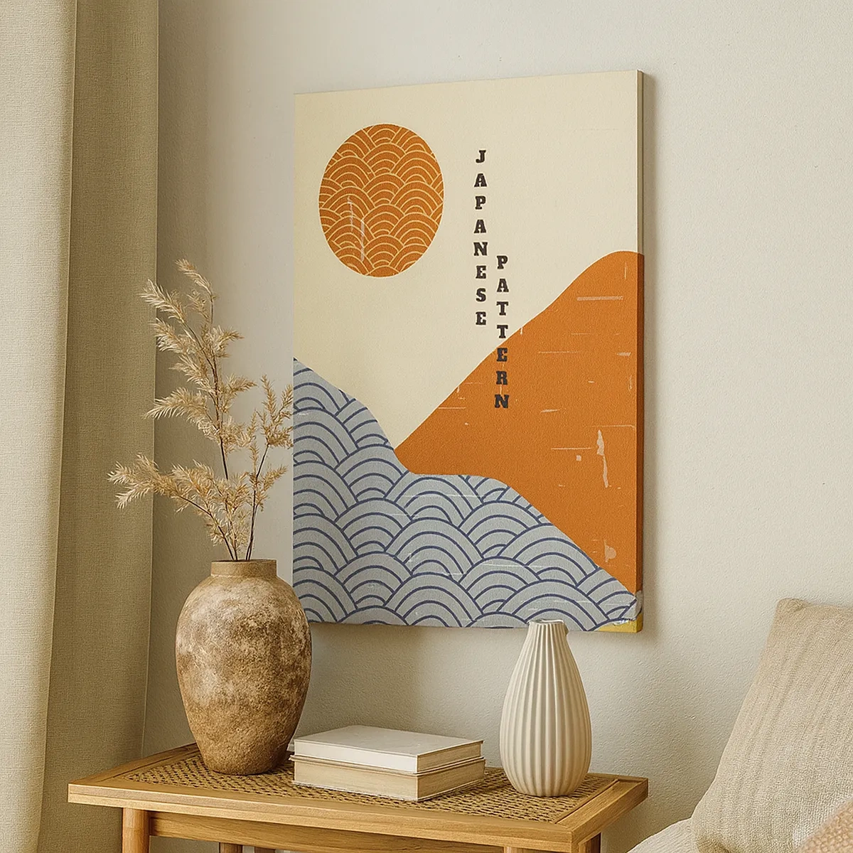 Bild auf Leinwand - Leinwandbild - Japanische Muster mit Bergen, Sonne und minimalistischem Stil - 50x70cm - Im japanischen Geist - Moderne Wanddekoration für Wohnzimmer und Schlafzimmer ARTTOR