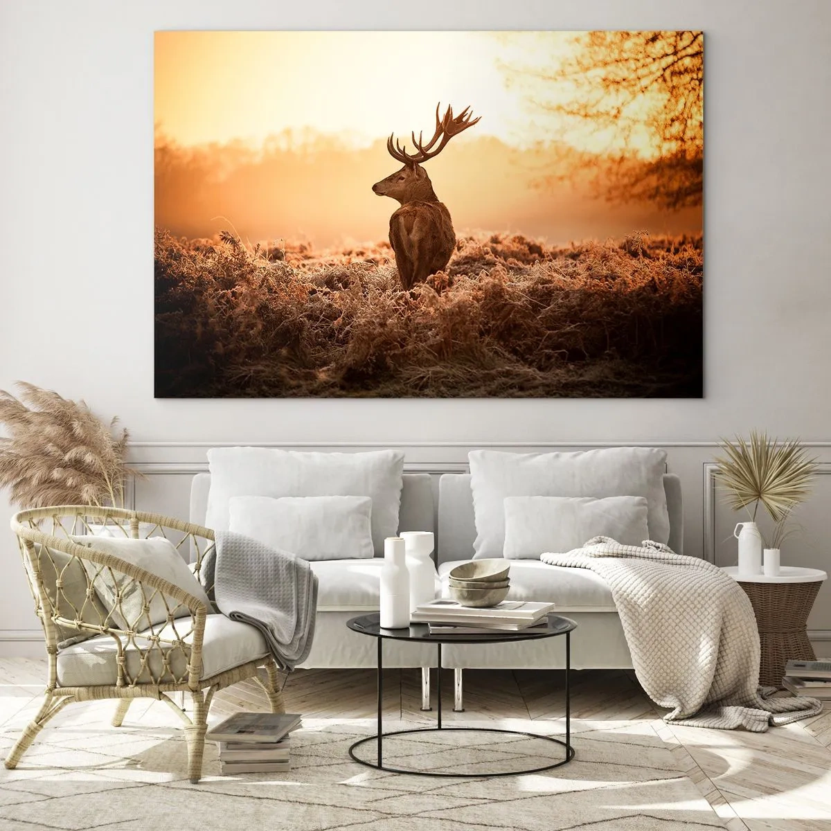 Glasbild - Bild auf glas - Hirsch vor dem Hintergrund eines Sonnenaufgangs in einer natürlichen Landschaft - 100x70cm - Herr im eigenen Land - Moderne Wanddekoration für Wohnzimmer und Schlafzimmer ARTTOR