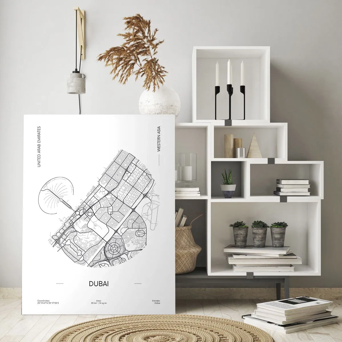 Glasbild - Bild auf glas - Eine minimalistische Karte von Dubai im Schwarz-Weiß-Stil. - 50x70cm - Anatomie von Dubai - Moderne Wanddekoration für Wohnzimmer und Schlafzimmer ARTTOR