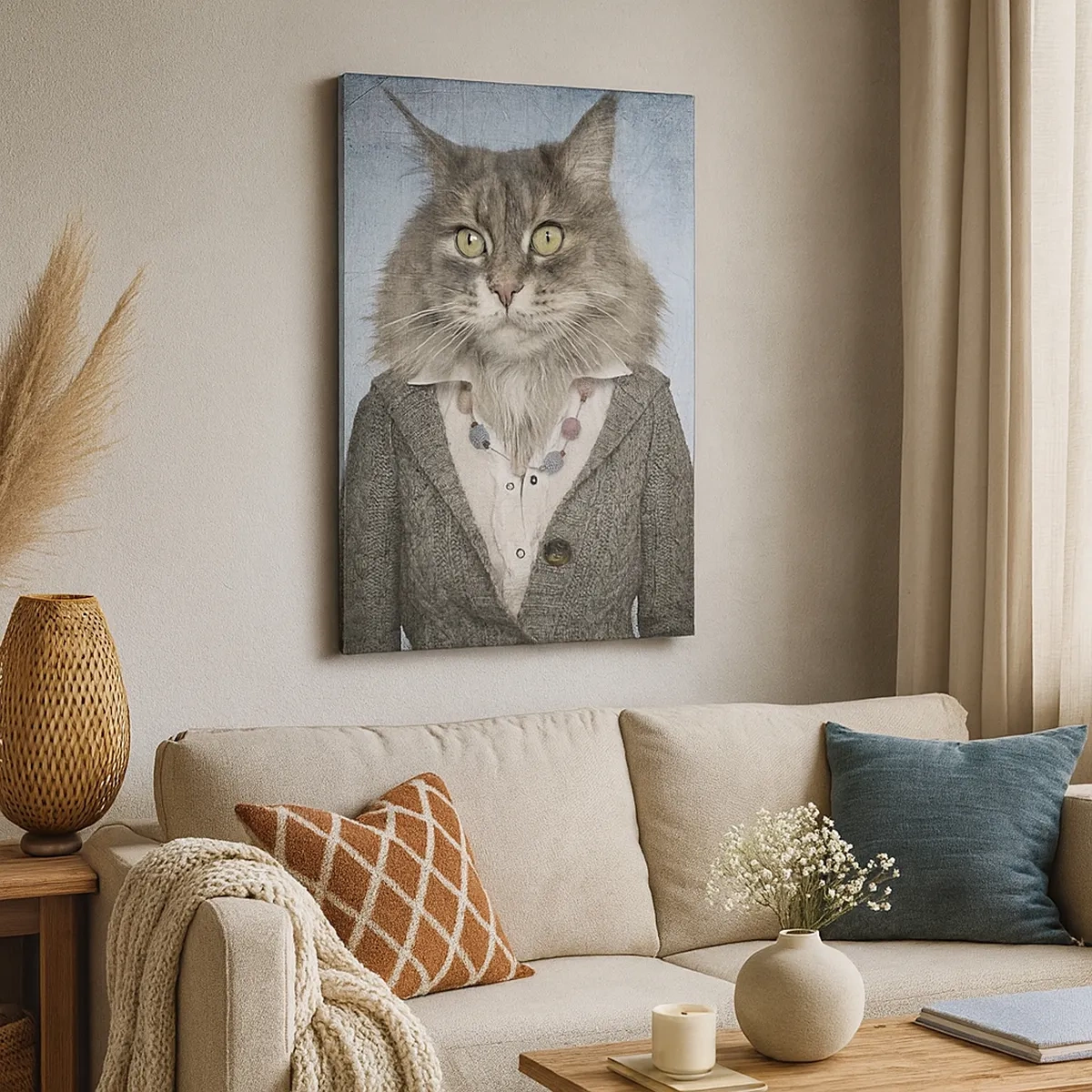 Bild auf Leinwand - Leinwandbild - Ein Triptychon mit Tierfiguren in eleganter Kleidung vor stilisiertem Hintergrund - 50x70cm - Pelze sind wieder in Mode - Moderne Wanddekoration für Wohnzimmer und Schlafzimmer ARTTOR