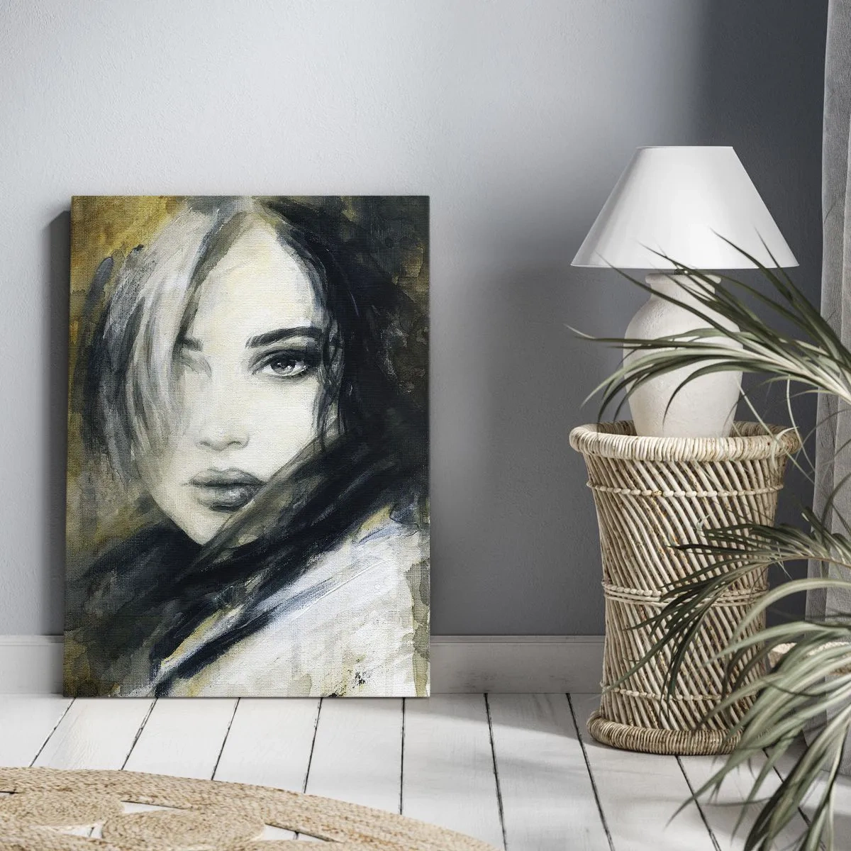 Bild auf Leinwand - Leinwandbild - Porträt einer Frau vor einem Hintergrund aus abstrakten Flecken in Beigetönen - 50x70cm - unschuldiger oder sinnlicher? - Moderne Wanddekoration für Wohnzimmer und Schlafzimmer ARTTOR