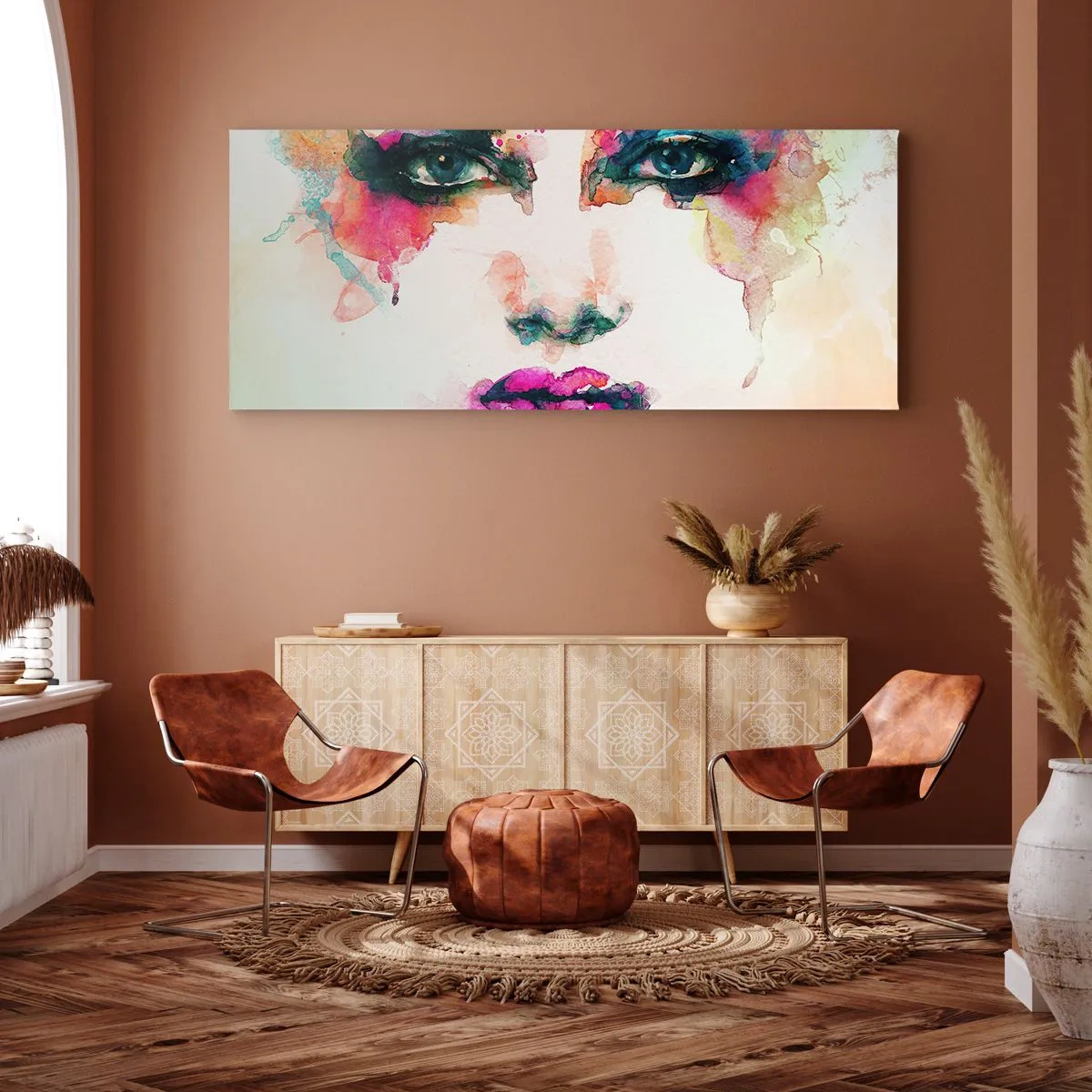 Bild auf Leinwand - Leinwandbild - Ein mit einem Regenbogen gemaltes Porträt - 100x40 cm