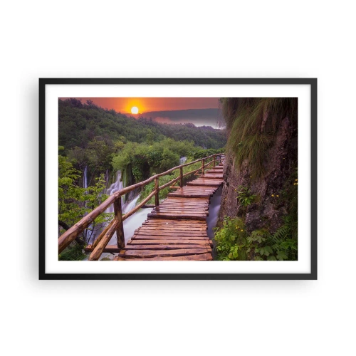 Poster in einem schwarzem Rahmen - Eine Brücke mit Blick auf die Wasserfälle bei Sonnenuntergang - 70x50cm - Schönheit jenseits des Glaubens - Moderne Wanddekoration für Wohnzimmer und Schlafzimmer ARTTOR