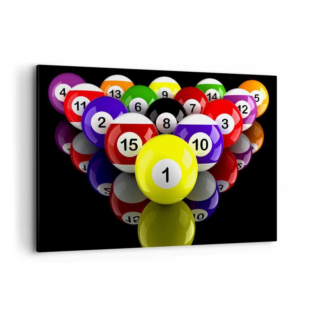 Bild auf Leinwand - Leinwandbild - Bunte Billardkugeln in einem Dreieck auf schwarzem Hintergrund angeordnet - 120x80cm - Verschiedene Spielfarben - Moderne Wanddekoration für Wohnzimmer und Schlafzimmer ARTTOR