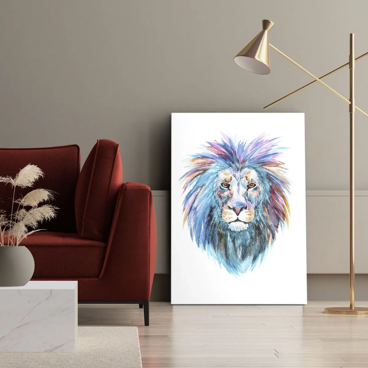 Bild auf Leinwand - Leinwandbild - Aquarellporträt eines Löwen in lebendigen Farben - 50x70cm - Eine elektrisierende Aura - Moderne Wanddekoration für Wohnzimmer und Schlafzimmer ARTTOR