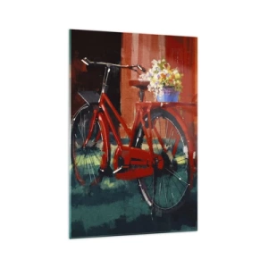 Glasbild - Bild auf glas - Ein rotes Fahrrad mit Blumen vor einer orangefarbenen Wand - 70x100cm - Ich möchte mit meinem Fahrrad fahren - Moderne Wanddekoration für Wohnzimmer und Schlafzimmer ARTTOR