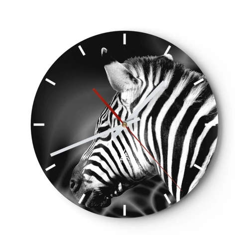 Wanduhr - Glasuhr - Schwarz-weiße Nahaufnahme eines Zebras vor einem kontrastierenden Hintergrund - 30x30cm - Weiß ist weiß und schwarz ist schwarz - Moderne Wanddekoration für Wohnzimmer, Küche und Schlafzimmer ARTTOR