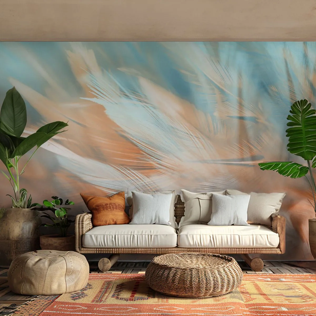 Fototapete Premium Sand - Zarte Federn in Pastelltönen von Blau und Pfirsich - 100x70cm - Im Land der Sanftmut - Moderne Wanddekoration für Wohnzimmer und Schlafzimmer ARTTOR