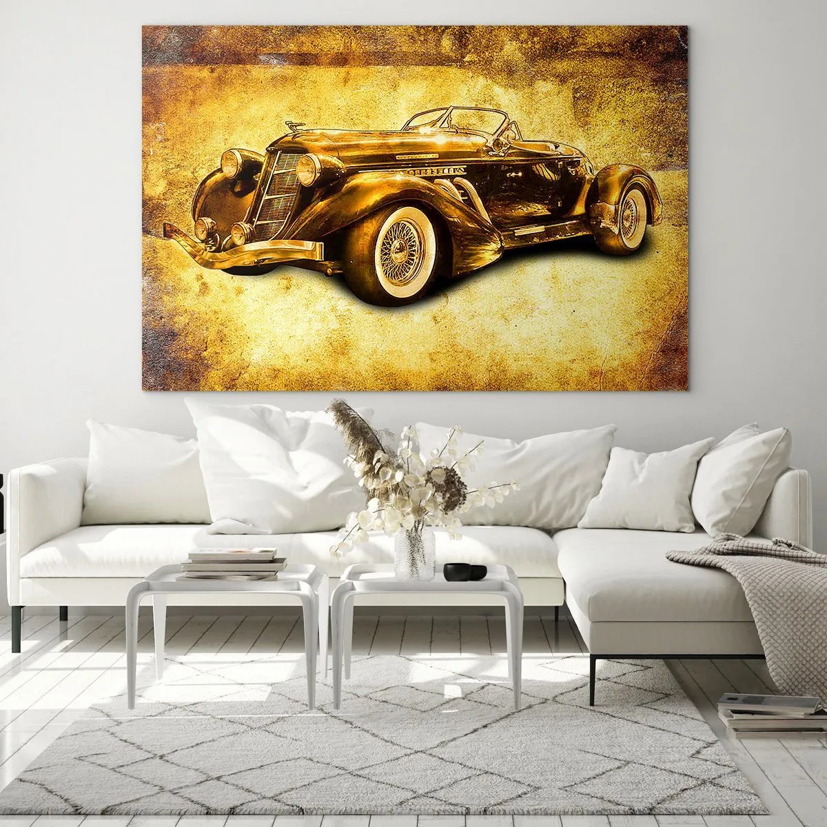 Glasbild - Bild auf glas - Oldtimer-Cabrio auf Vintage-Hintergrund - 100x70cm - Elite der Elite - Moderne Wanddekoration für Wohnzimmer und Schlafzimmer ARTTOR