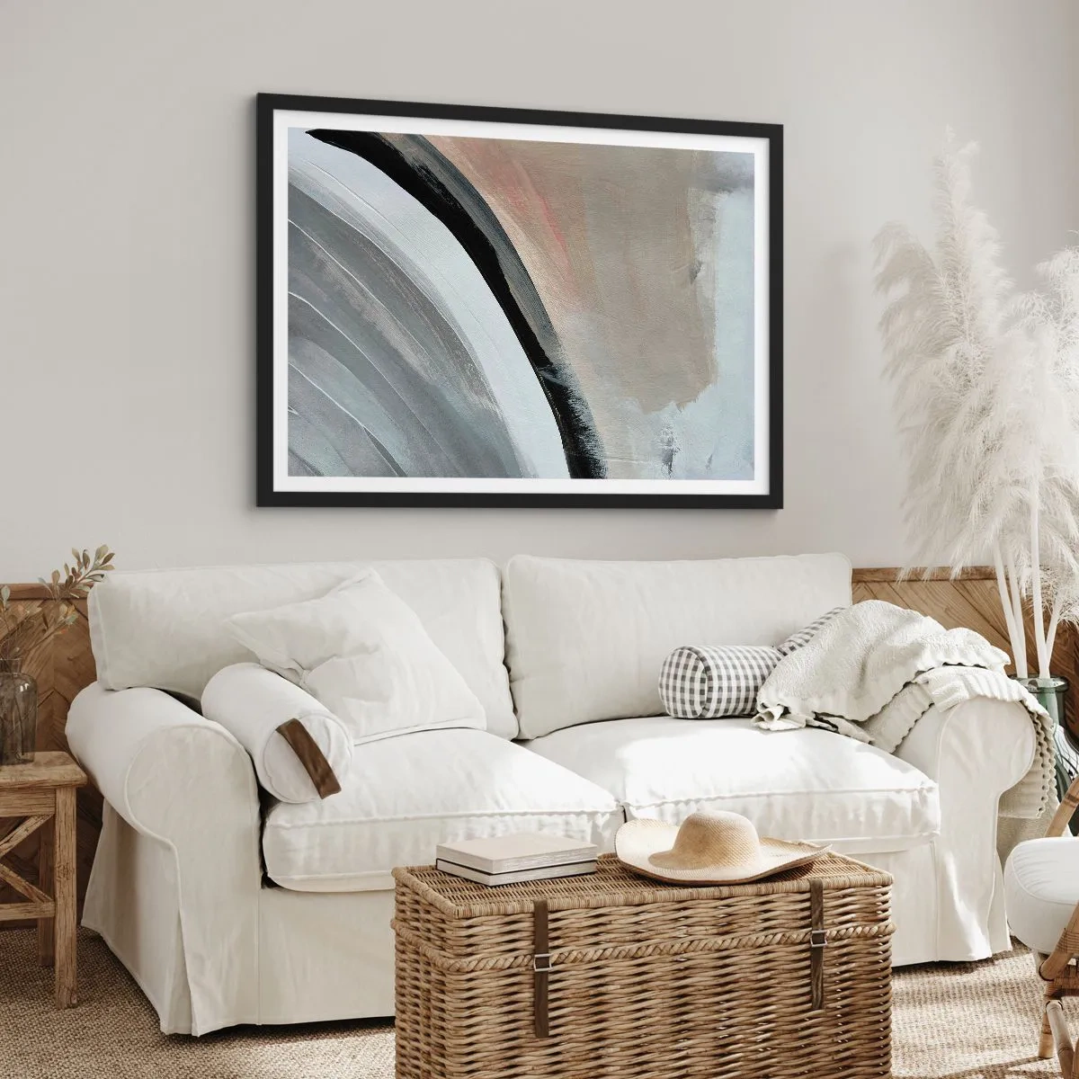Poster in einem schwarzem Rahmen - Abstrakter Bogen in Schwarz-, Grau- und Beigetönen - 70x50cm - Komposition: Bogen aus Schwarz und Grau - Moderne Wanddekoration für Wohnzimmer und Schlafzimmer ARTTOR