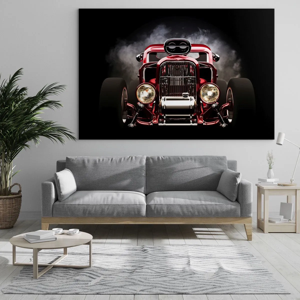 Glasbild - Bild auf glas - Roter Hot Rod in dichtem Rauch - 70x50cm - Schnell und wahnsinnig schön - Moderne Wanddekoration für Wohnzimmer und Schlafzimmer ARTTOR
