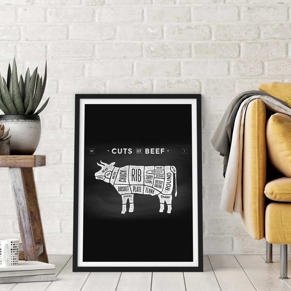 Poster in einem schwarzem Rahmen - Rindfleischstücke Diagramm auf einem schwarzen Hintergrund im Retro-Stil - 50x70cm - Metzger Grundierung - Moderne Wanddekoration für Wohnzimmer und Schlafzimmer ARTTOR
