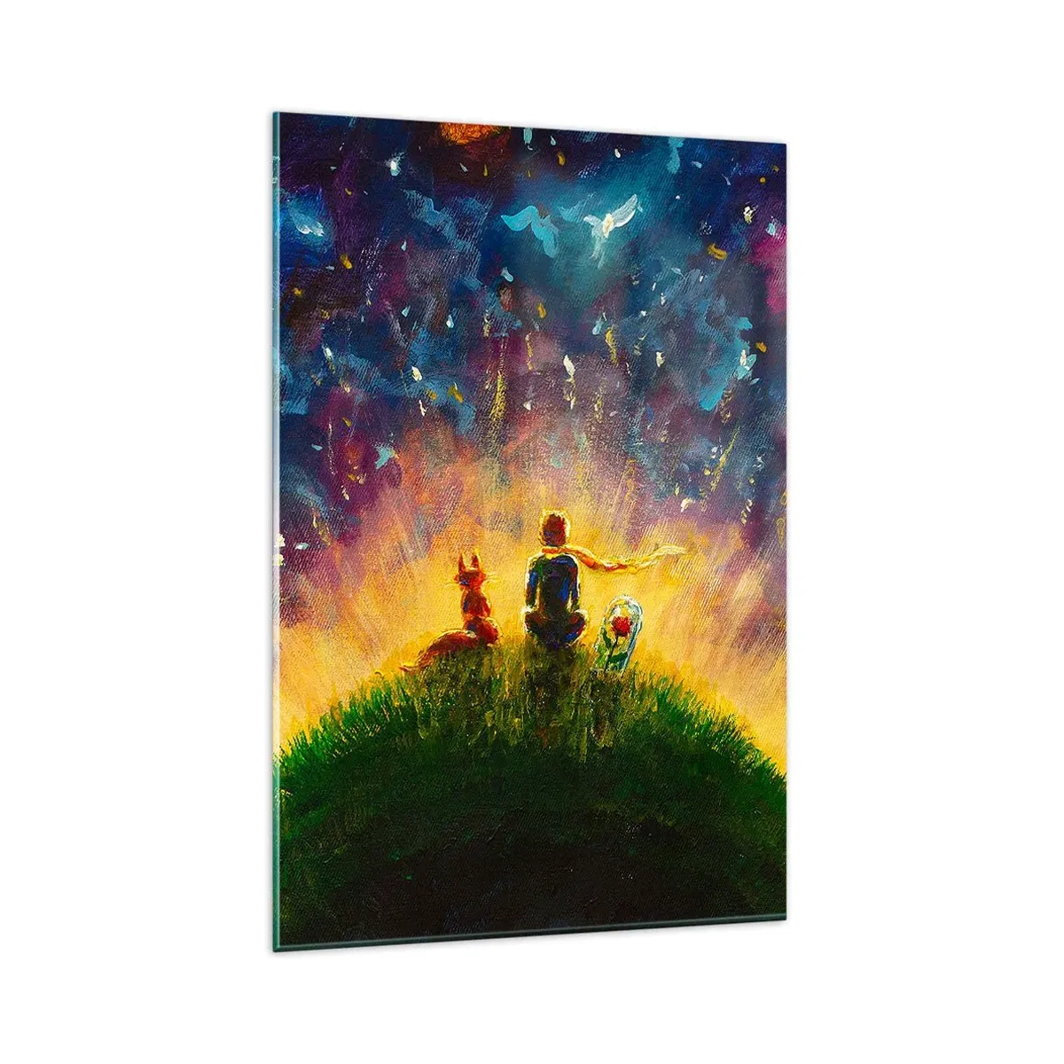 Glasbild - Bild auf glas - Figuren auf einem grünen Hügel, umgeben von einem Sternenhimmel - 80x120cm - Liebe und Freundschaft - die ganze Welt - Moderne Wanddekoration für Wohnzimmer und Schlafzimmer ARTTOR