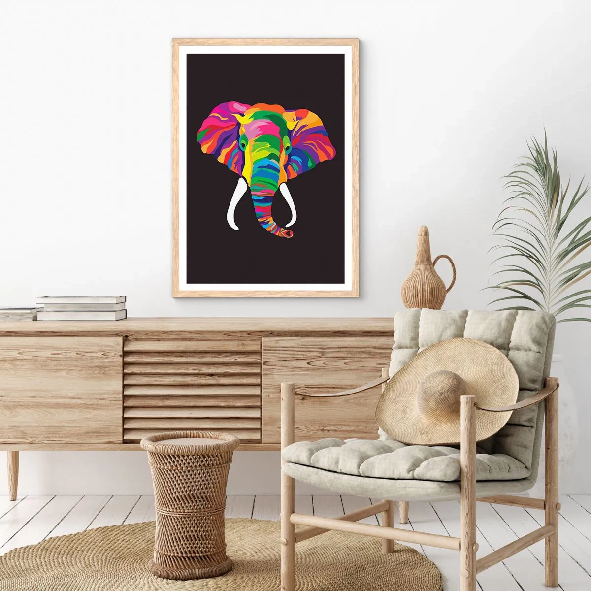 Poster in einem Rahmen aus heller Eiche - Der Elefant, der es liebte, im Regenbogen zu baden - 70x100 cm
