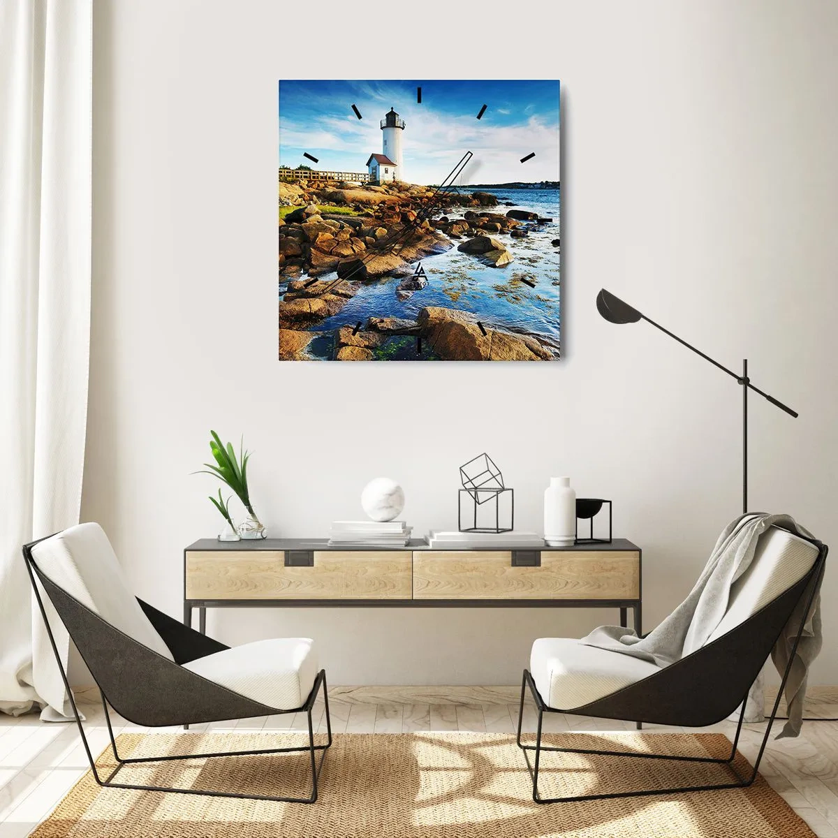 Wanduhr - Glasuhr - Ein Leuchtturm an einer felsigen Küste an einem sonnigen Tag - 30x30cm - Komm glücklich zurück, ich warte - Moderne Wanddekoration für Wohnzimmer und Schlafzimmer ARTTOR