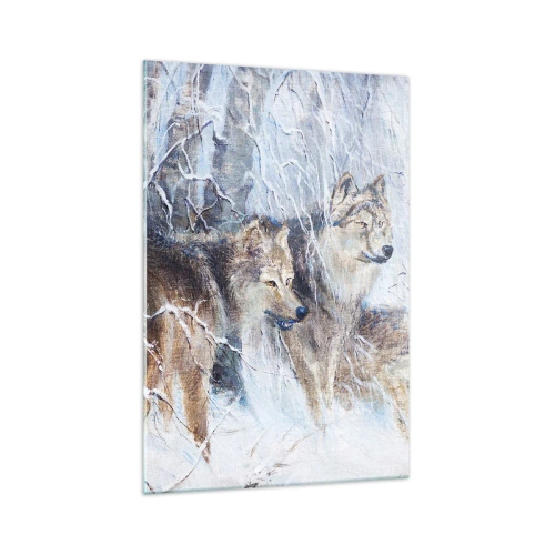 Glasbild - Bild auf glas - Wölfe in einem Winterwald vor verschneiter Kulisse - 70x100cm - Beachtung! Hier kommt ... - Moderne Wanddekoration für Wohnzimmer und Schlafzimmer ARTTOR