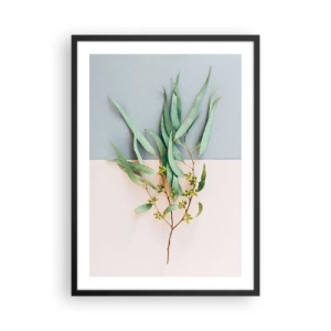 Poster in einem schwarzem Rahmen - Ein Zweig Eukalyptus auf pastellfarbenem Hintergrund - 50x70cm - Pastellige Subtilität - Moderne Wanddekoration für Wohnzimmer und Schlafzimmer ARTTOR