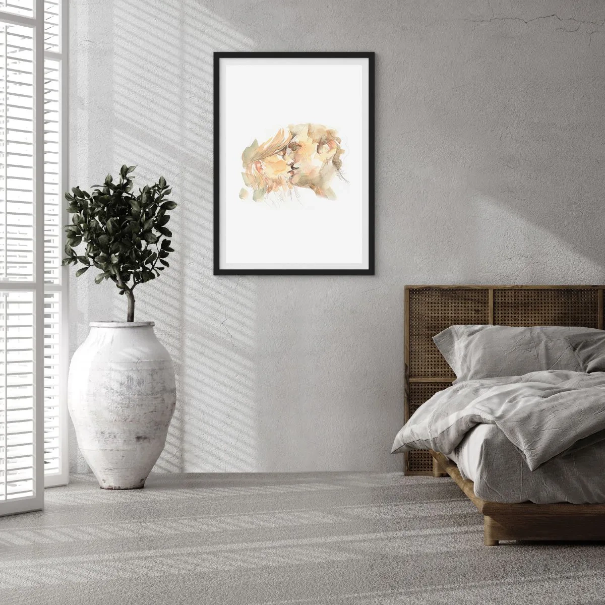 Poster in einem schwarzem Rahmen - Ein zartes Aquarellporträt eines Paares bei einem zärtlichen Kuss. - 50x70cm - Hälfte gefunden? - Moderne Wanddekoration für Wohnzimmer und Schlafzimmer ARTTOR