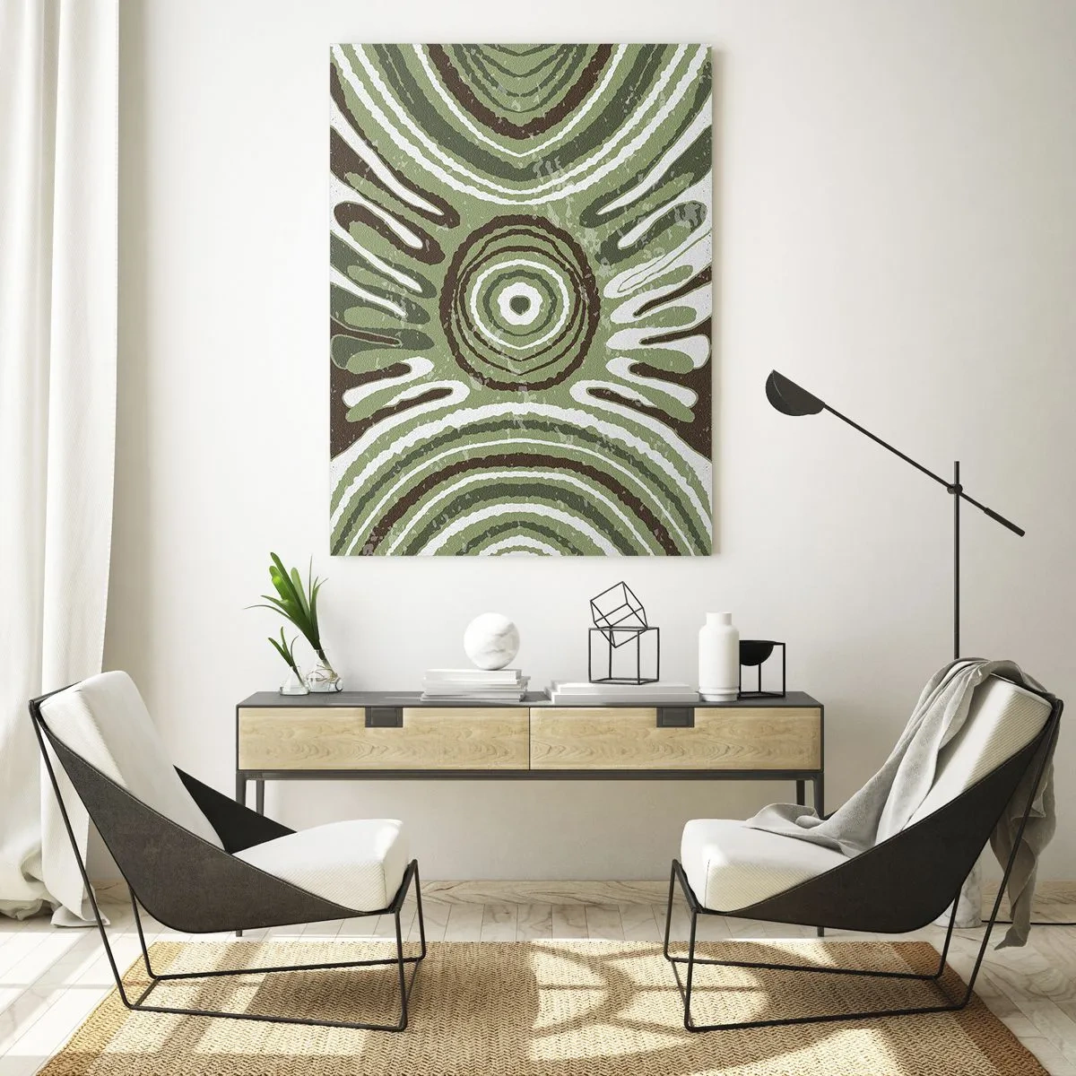 Glasbild - Bild auf glas - Grüne konzentrische Kreise und abstrakte Linien - 50x70cm - Explosion von Emotionen - Moderne Wanddekoration für Wohnzimmer und Schlafzimmer ARTTOR