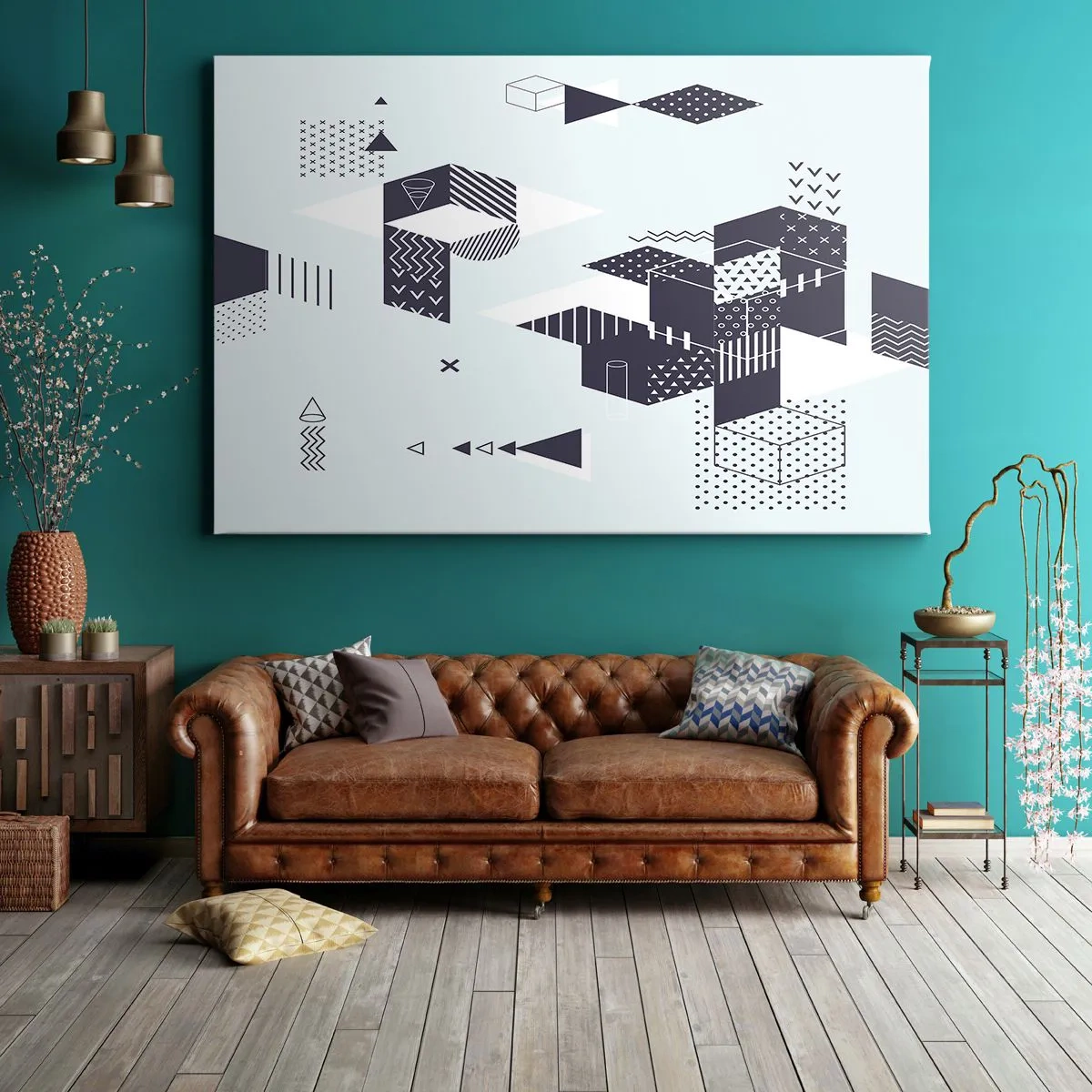 Bild auf Leinwand - Leinwandbild - Moderne geometrische Grafiken in Weiß- und Marineblautönen - 70x50cm - In der Seele eines Mathematikers - Moderne Wanddekoration für Wohnzimmer und Schlafzimmer ARTTOR