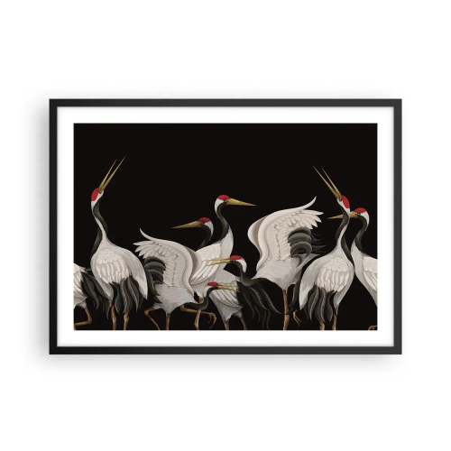 Poster in einem schwarzem Rahmen - Weiße Kraniche mit roten Akzenten auf schwarzem Hintergrund - 70x50cm - Vogelsachen - Moderne Wanddekoration für Wohnzimmer und Schlafzimmer ARTTOR