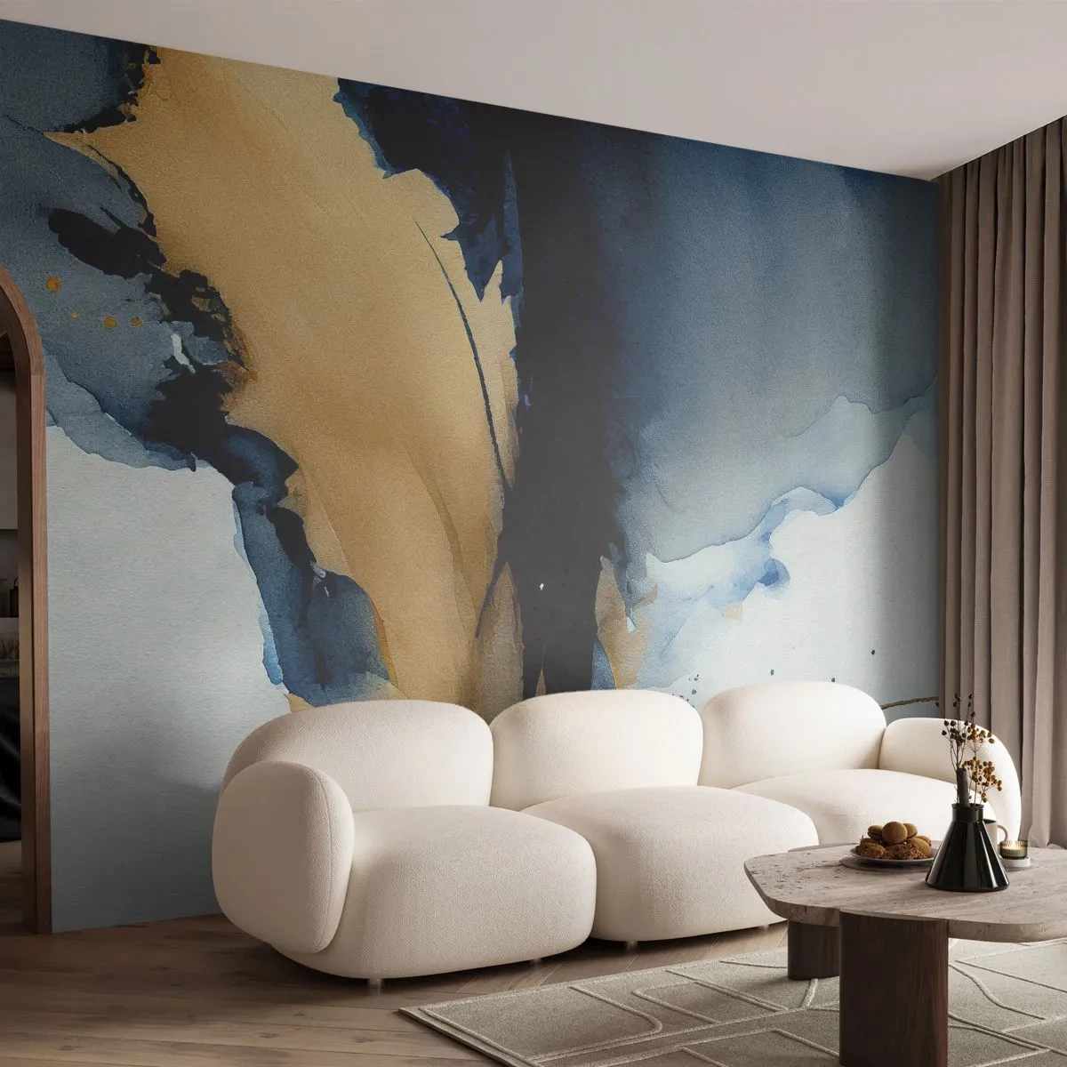 Fototapete Premium Sand - Abstraktes Gemälde in Marineblau und Gold im Aquarellstil - 100x70cm - Hinter dem Vorhang - Moderne Wanddekoration für Wohnzimmer und Schlafzimmer ARTTOR