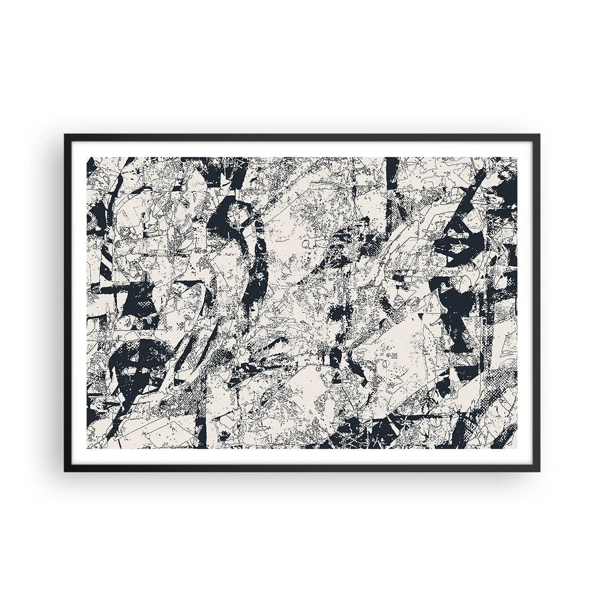 Poster in einem schwarzem Rahmen - Abstrakte Komposition in Schwarzweiß mit dynamischem Layout - 100x70cm - Durchdringung der Gegensätze - Moderne Wanddekoration für Wohnzimmer und Schlafzimmer ARTTOR