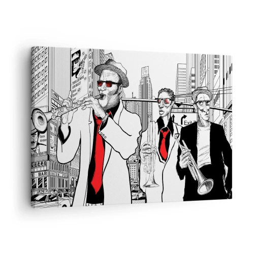 Bild auf Leinwand - Leinwandbild - Illustration von Jazzmusikern vor urbaner Kulisse - 70x50cm - Urbane Rhapsodie in Schwarz und Rot - Moderne Wanddekoration für Wohnzimmer und Schlafzimmer ARTTOR