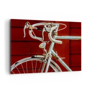 Bild auf Leinwand - Leinwandbild - Ein Vintage-Fahrrad vor einer roten Holzwand - 100x70cm - Geschaffen um zu siegen - Moderne Wanddekoration für Wohnzimmer und Schlafzimmer ARTTOR