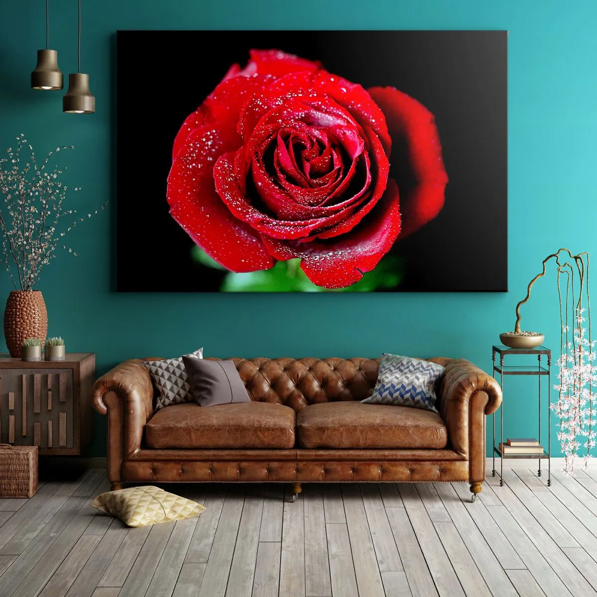 Bild auf Leinwand - Leinwandbild - Eine rote Rose mit Tautropfen auf schwarzem Hintergrund. - 70x50cm - Das ist Liebe - Moderne Wanddekoration für Wohnzimmer und Schlafzimmer ARTTOR
