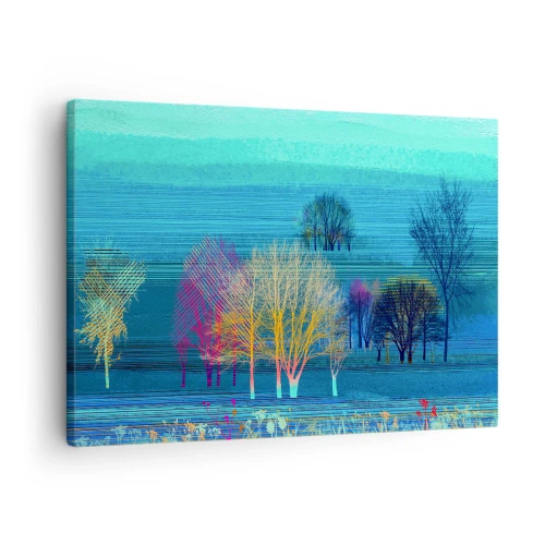 Bild auf Leinwand - Leinwandbild - Bunte Bäume vor einer blauen, minimalistischen Landschaft - 70x50cm - Eine gekämmte Landschaft - Moderne Wanddekoration für Wohnzimmer und Schlafzimmer ARTTOR