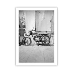Poster - Retro-Motorrad vor einer Holzwand - 50x70cm - Klassik über alles - Moderne Wanddekoration für Wohnzimmer und Schlafzimmer ARTTOR