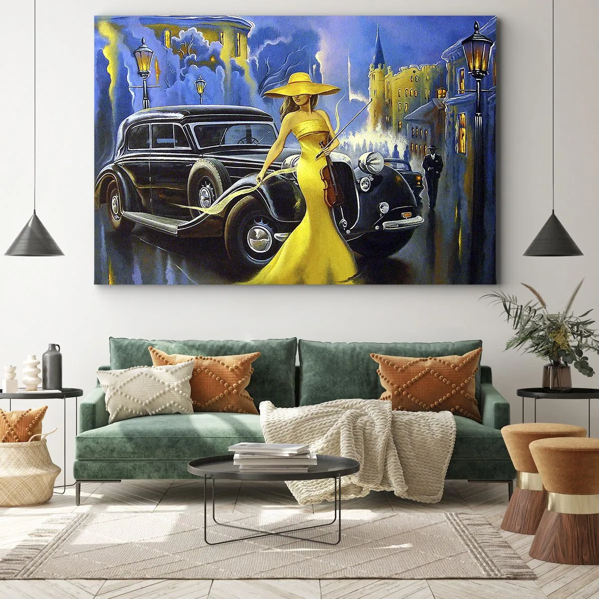 Bild auf Leinwand - Leinwandbild - Eine Frau in einem gelben Kleid mit einer Geige neben einem Retro-Auto. - 70x50cm - Nocturne für Violine und Liebe - Moderne Wanddekoration für Wohnzimmer und Schlafzimmer ARTTOR