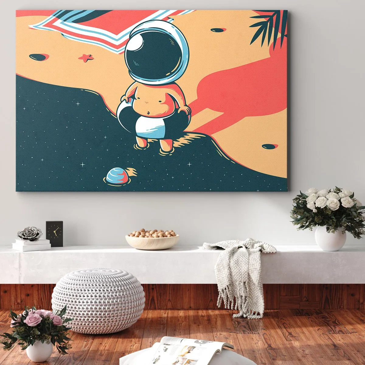 Bild auf Leinwand - Leinwandbild - Lustiger Astronaut am Strand mit Weltraumelementen im Hintergrund - 70x50cm - Aus einer anderen Perspektive - Moderne Wanddekoration für Wohnzimmer und Schlafzimmer ARTTOR