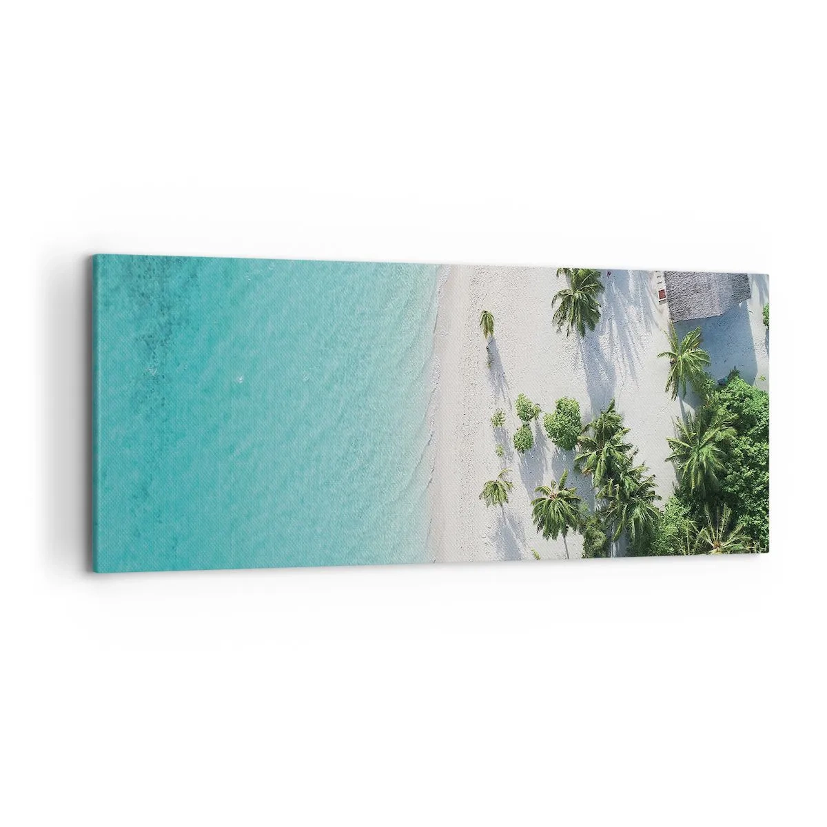 Bild auf Leinwand - Leinwandbild - Eine Vogelperspektive auf einen tropischen Strand mit türkisfarbenem Wasser und Palmen - 120x50cm - Urlaub im Paradies - Moderne Wanddekoration für Wohnzimmer und Schlafzimmer ARTTOR