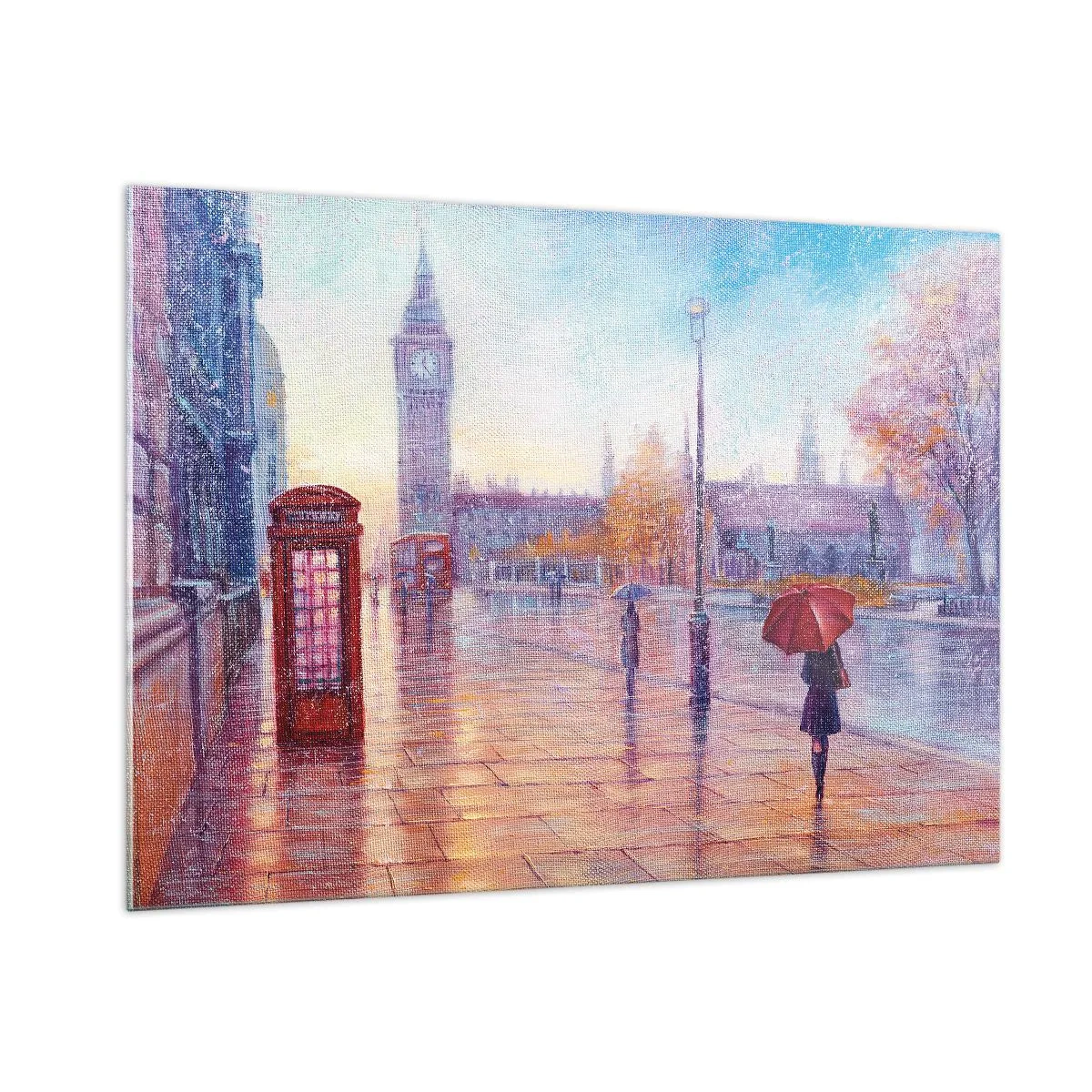 Glasbild - Bild auf glas - Londoner Szene im Regen mit Big Ben und der roten Box - 100x70cm - Londoner Herbsttag - Moderne Wanddekoration für Wohnzimmer und Schlafzimmer ARTTOR