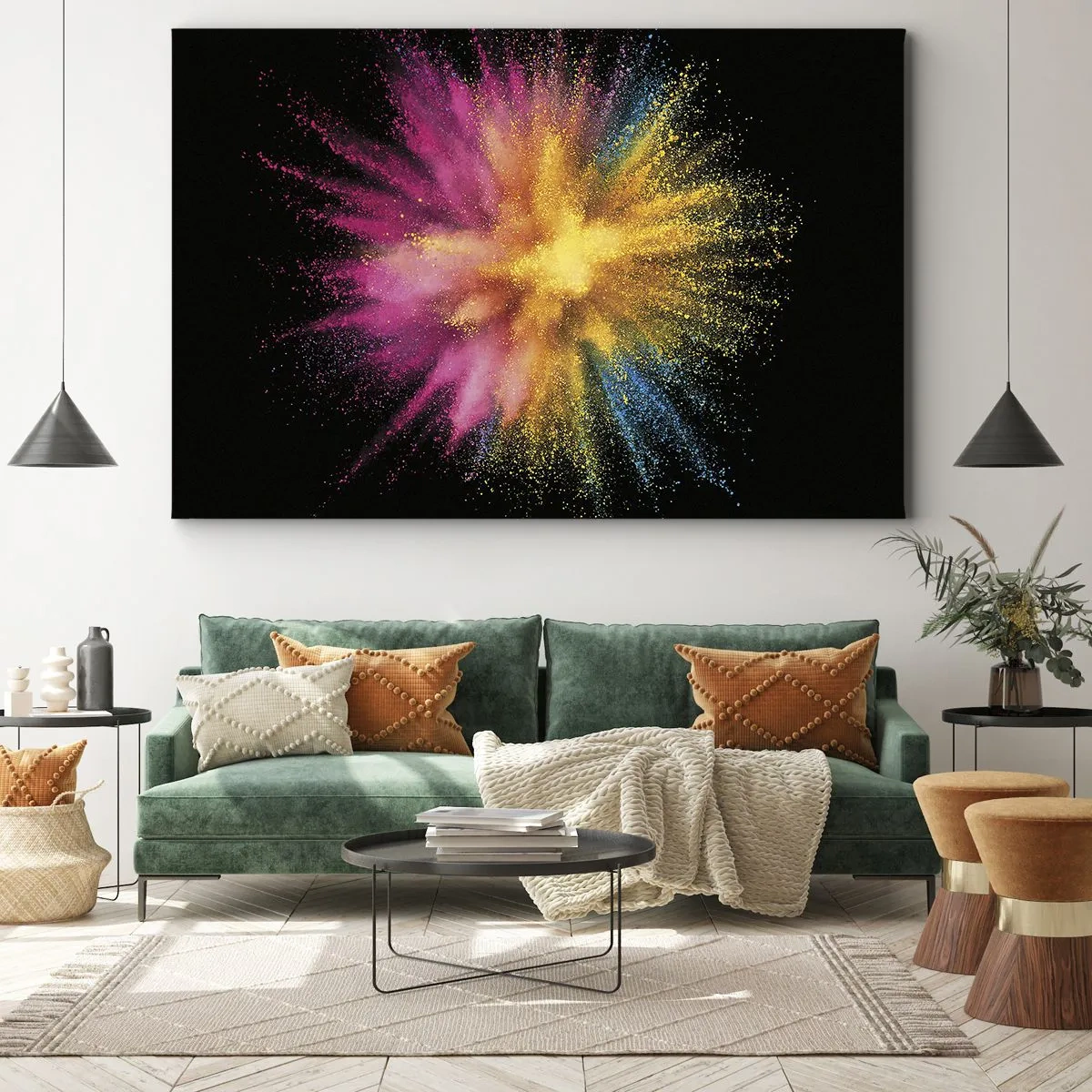 Bild auf Leinwand - Leinwandbild - Bunte Pulverexplosion auf schwarzem Hintergrund - 100x70cm - Die Geburt der Farben - Moderne Wanddekoration für Wohnzimmer und Schlafzimmer ARTTOR