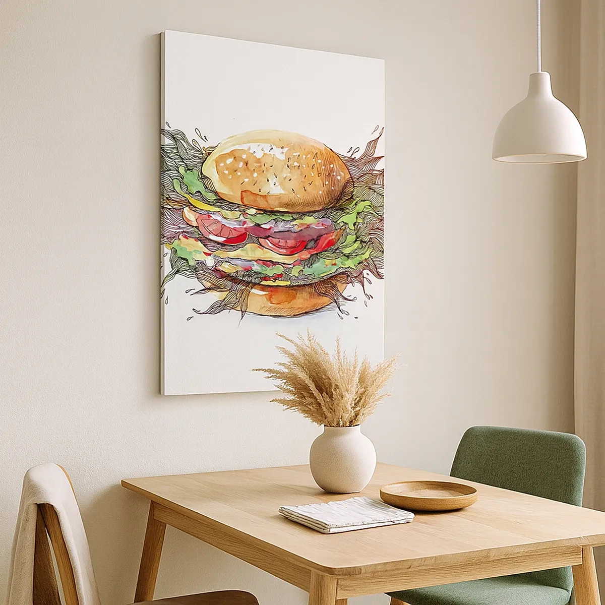 Bild auf Leinwand - Leinwandbild - Künstlerische Darstellung eines Burgers mit dynamischen Elementen - 50x70cm - Heiße Versuchung - Moderne Wanddekoration für Wohnzimmer und Schlafzimmer ARTTOR