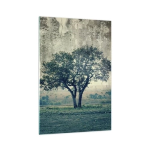 Glasbild - Bild auf glas - Ein einsamer Baum vor einer nebligen Landschaft - 70x100cm - Ein Apfelbaum auf blauem Feld? - Moderne Wanddekoration für Wohnzimmer und Schlafzimmer ARTTOR
