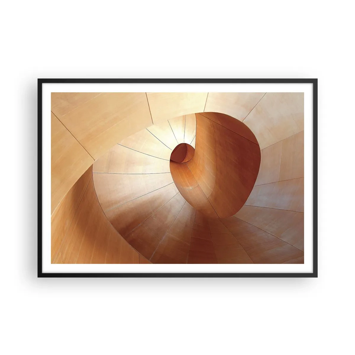 Poster in einem schwarzem Rahmen - Abstrakte Spirale in Holz- und Hellbrauntönen - 100x70cm - Architektonische Serpentine - Moderne Wanddekoration für Wohnzimmer und Schlafzimmer ARTTOR