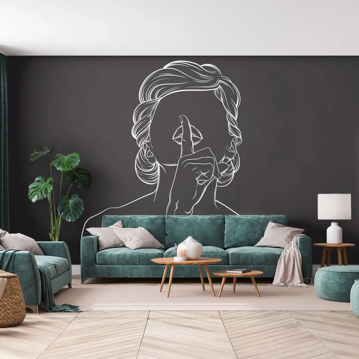 Fototapete Premium Sand - Konturzeichnung einer Frau auf schwarzem Hintergrund, die eine Geste des Schweigens macht - 100x70cm - Schönheit erblüht in der Stille - Moderne Wanddekoration für Wohnzimmer und Schlafzimmer ARTTOR