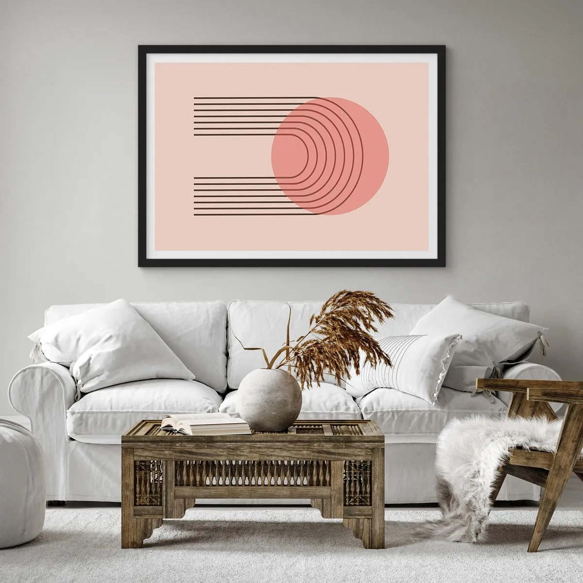 Poster in einem schwarzem Rahmen - Abstraktes Motiv mit rosa Kreisen und Linien - 70x50cm - Unwiderstehliche Anziehungskraft - Moderne Wanddekoration für Wohnzimmer und Schlafzimmer ARTTOR