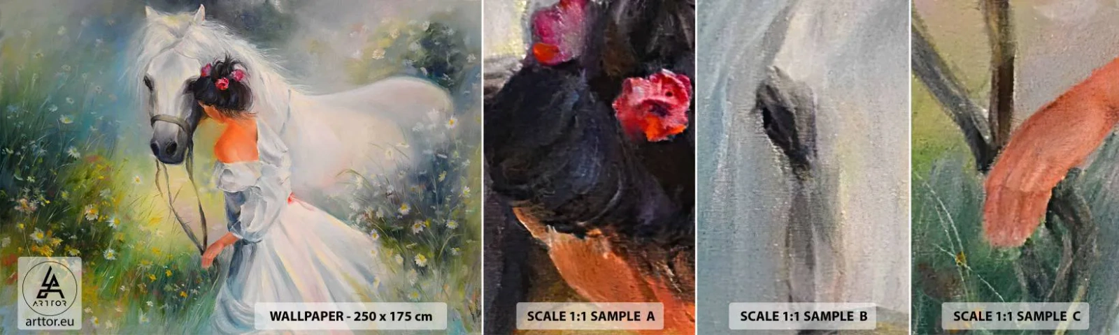 Fototapetenmuster Standard Eco - Wie aus einem schönen Traum - Frau, Pferd, Wiese - 100x30 cm