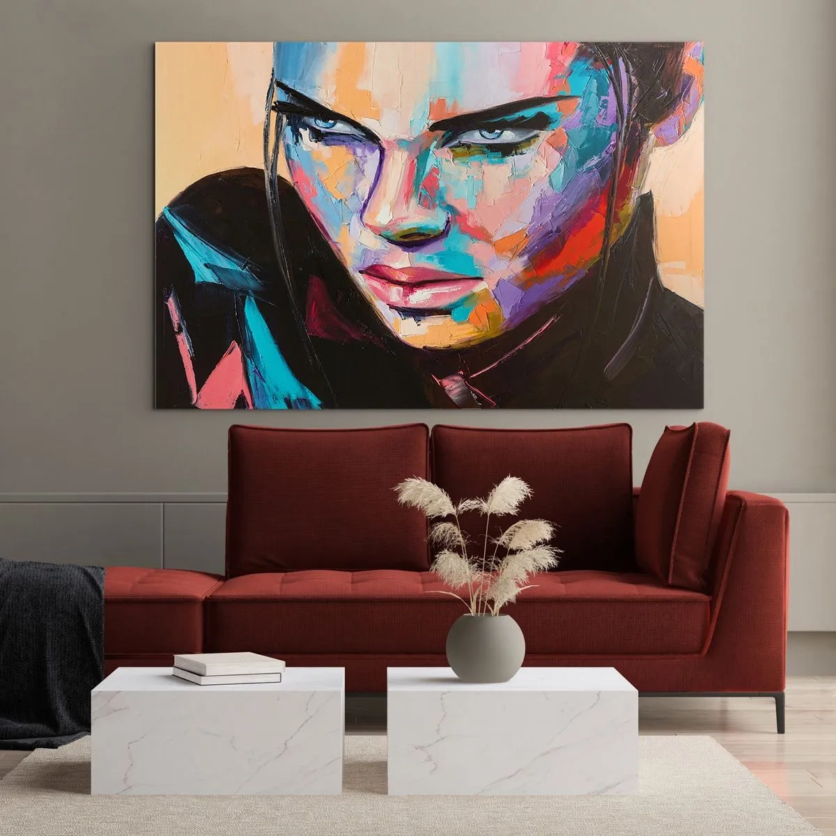 Glasbild - Bild auf glas - Porträt einer Frau in leuchtenden Farben vor abstraktem Hintergrund - 100x70cm - Wild im Herzen - Moderne Wanddekoration für Wohnzimmer und Schlafzimmer ARTTOR