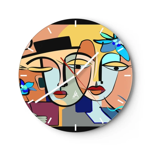 Wanduhr - Glasuhr - Bunte Gesichter im kubistischen Stil mit floralen Elementen - 30x30cm - Picassos randez vous - Moderne Wanddekoration für Wohnzimmer, Küche und Schlafzimmer ARTTOR